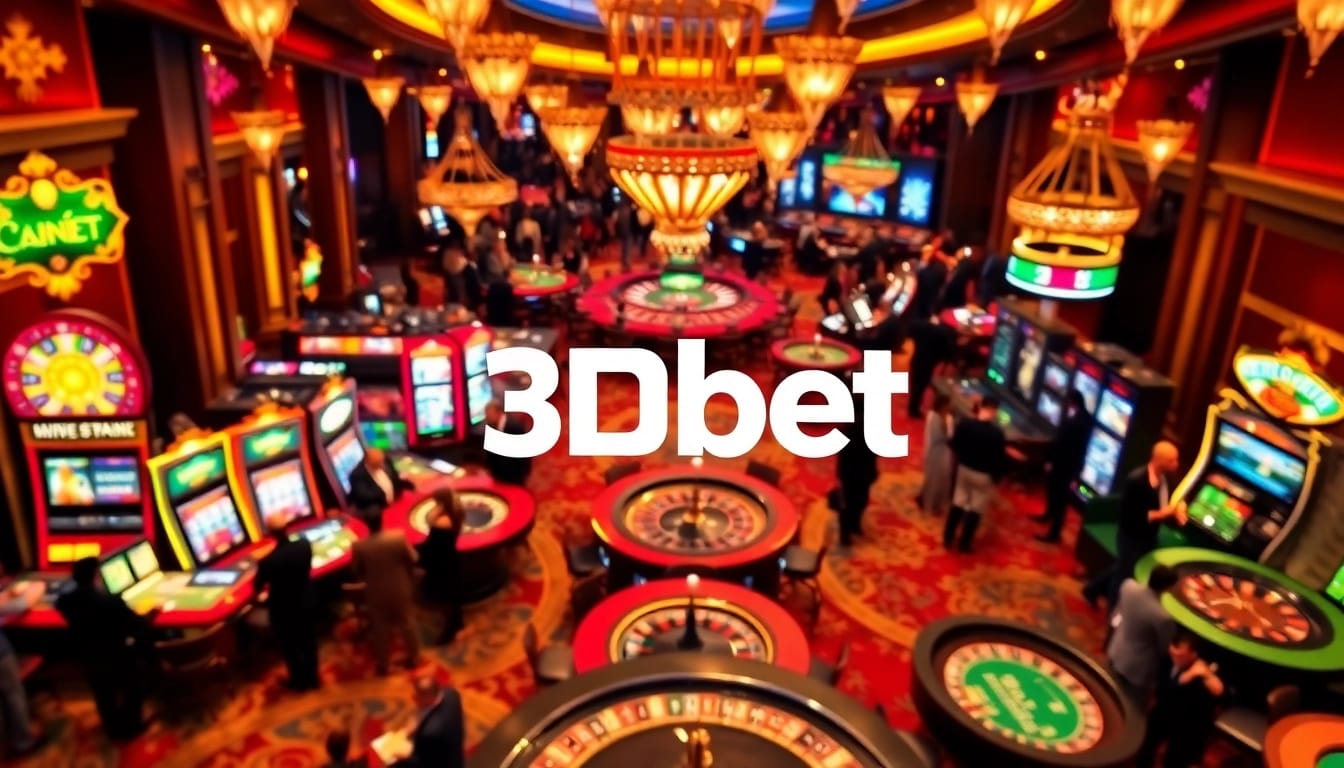 Exciting gaming atmosphere showcasing 3Dbet on vibrant casino floor with slot machines and poker tables.