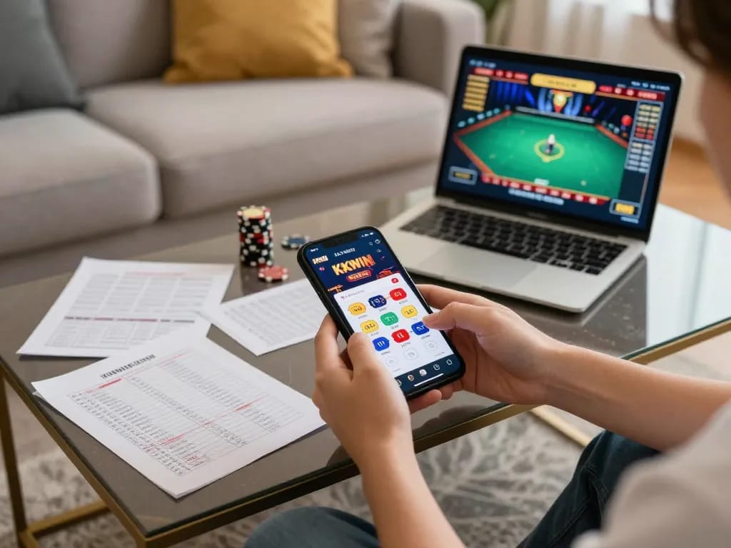 Play the KKWIN app on a smartphone in a cozy home setting, showcasing online gaming excitement.