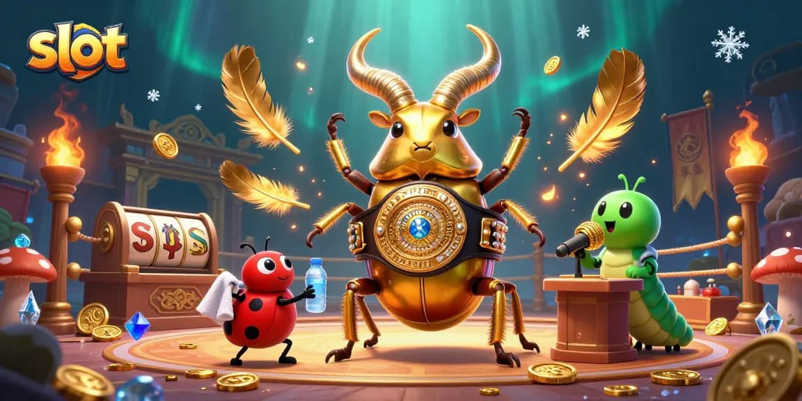 Engage in slot gaming thrill with a vibrant arena featuring a golden stag beetle and colorful characters.
