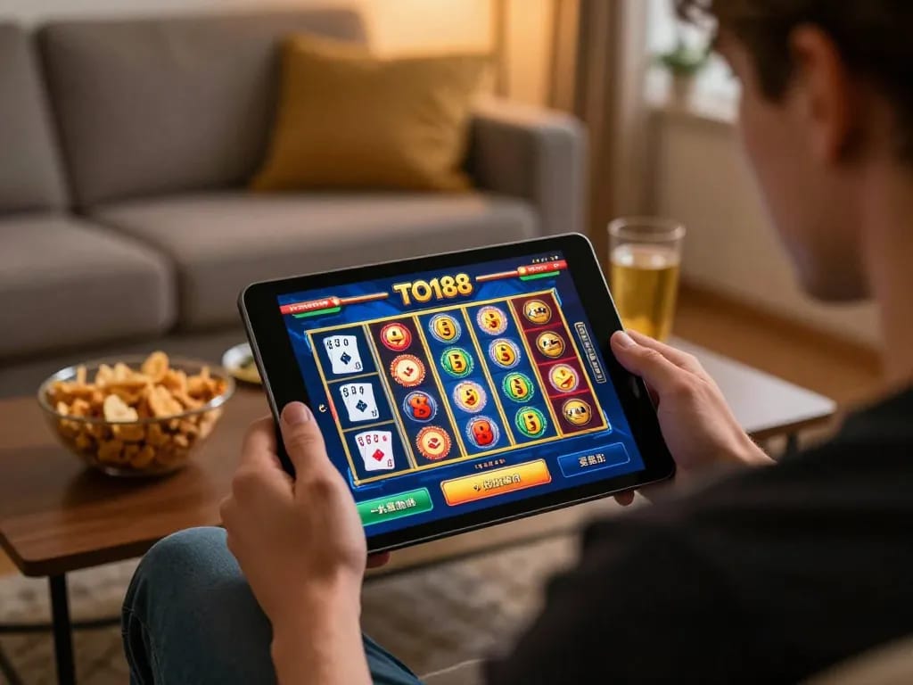 Engaged player using TO188 online casino interface on a tablet, enjoying a casual gaming session.
