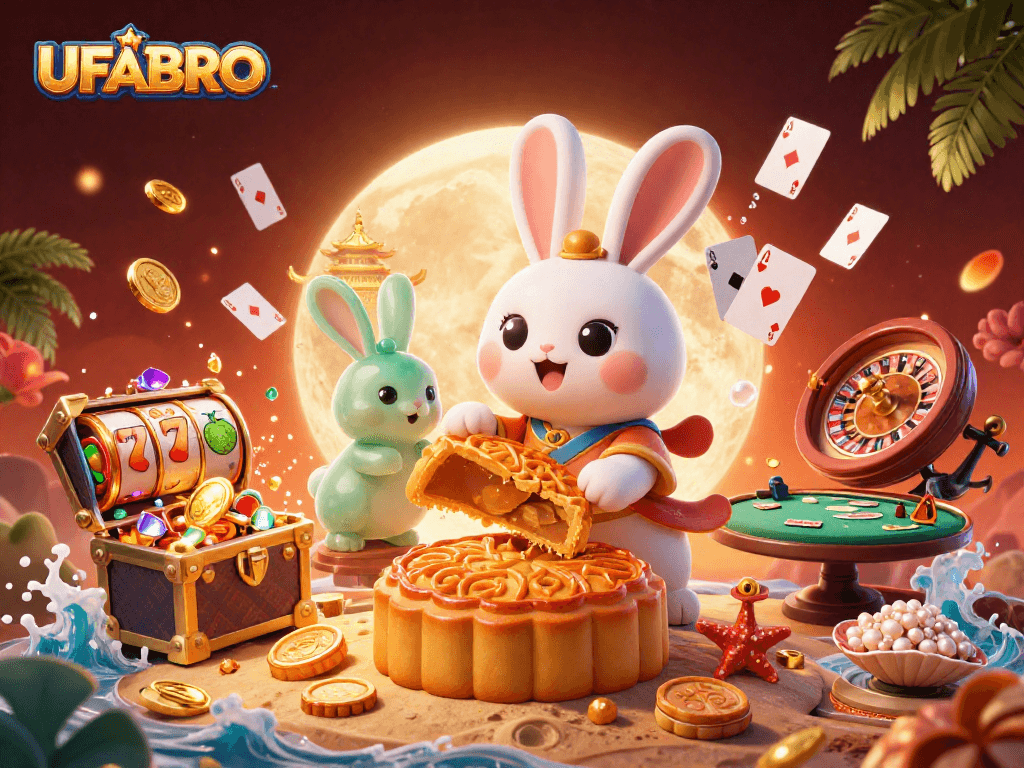UFABRO showcases an engaging casino scene with animated characters and vibrant slot elements, enhancing the gambling experience.