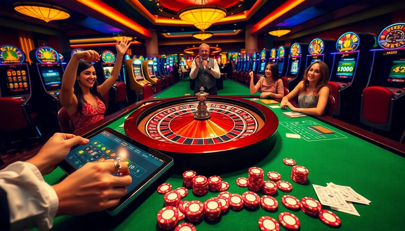 Experience thrilling wins at https://tg888.co.com/ with players celebrating around a vibrant casino roulette.