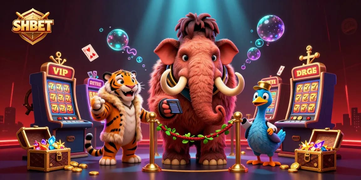 Engage with SHBET through a vibrant 3D illustration showcasing a woolly mammoth bouncer and a saber-tooth tiger VIP in a casino atmosphere.