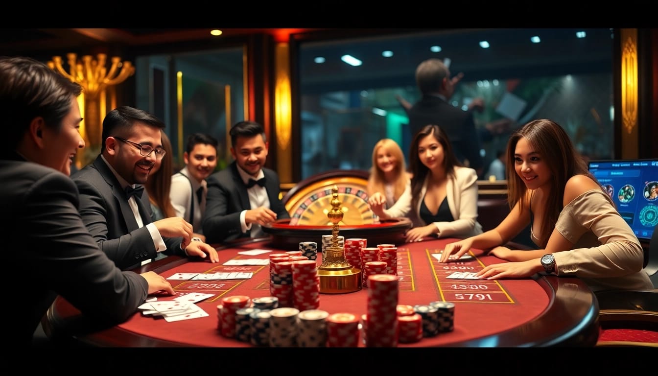 Experience thrilling gameplay at nhacaiuytinvn.us.com with engaged gamblers around a vibrant casino table.