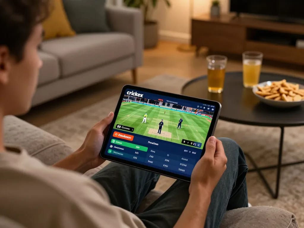 Engaging in online cricket betting on Crickex, showcasing live match interface and cozy home atmosphere