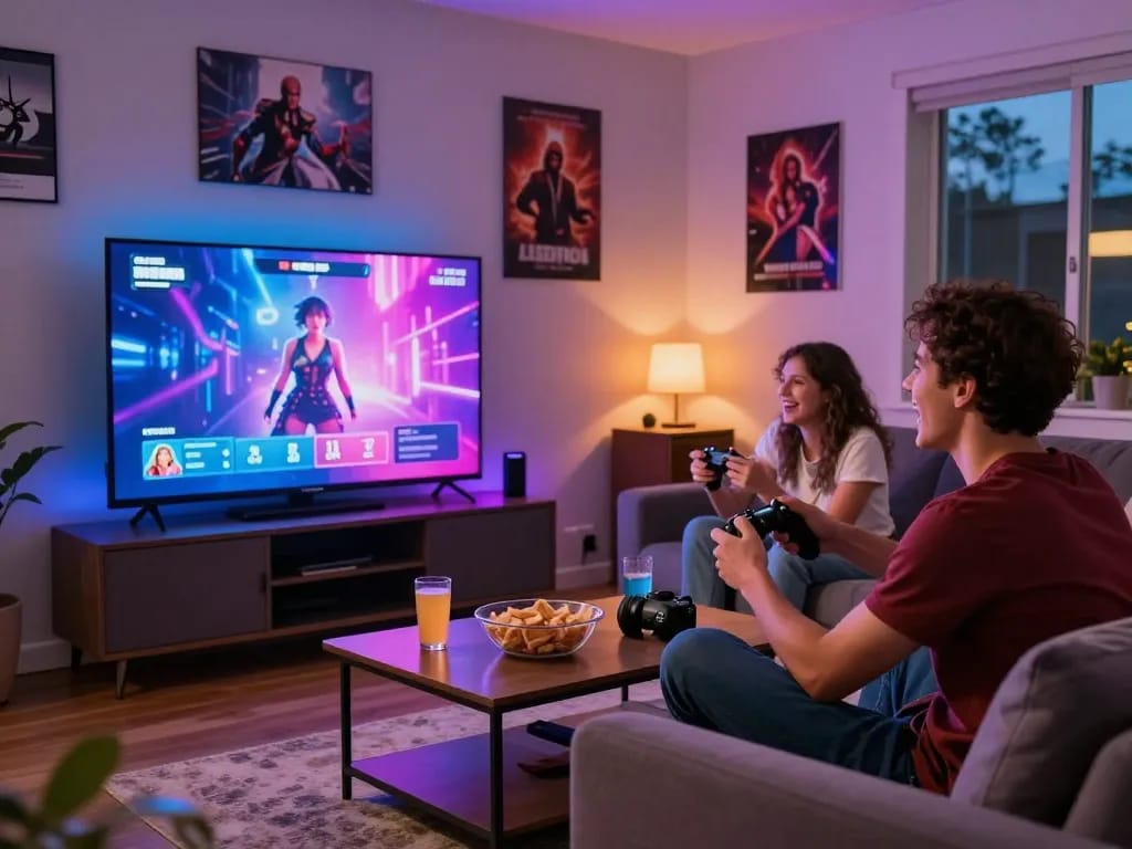 Friends enjoying interactive sex games in a cozy living room.