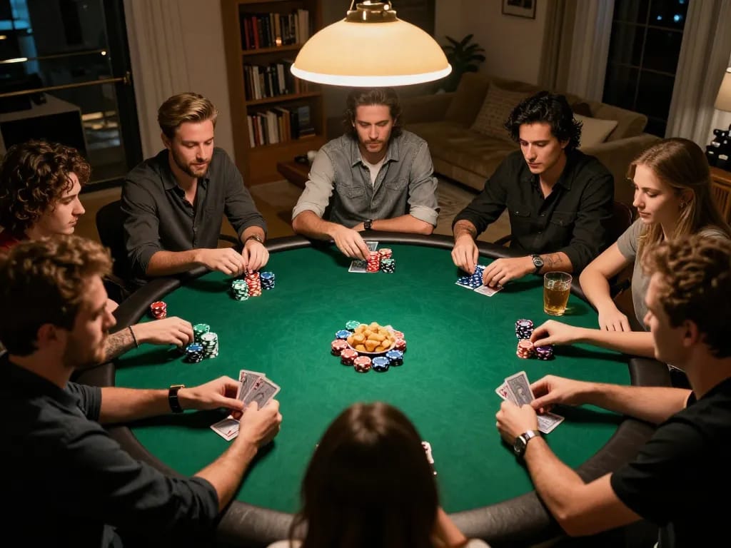 Engaged poker players enjoying a game at home with bdtk66, showcasing strategic moves and social interactions.