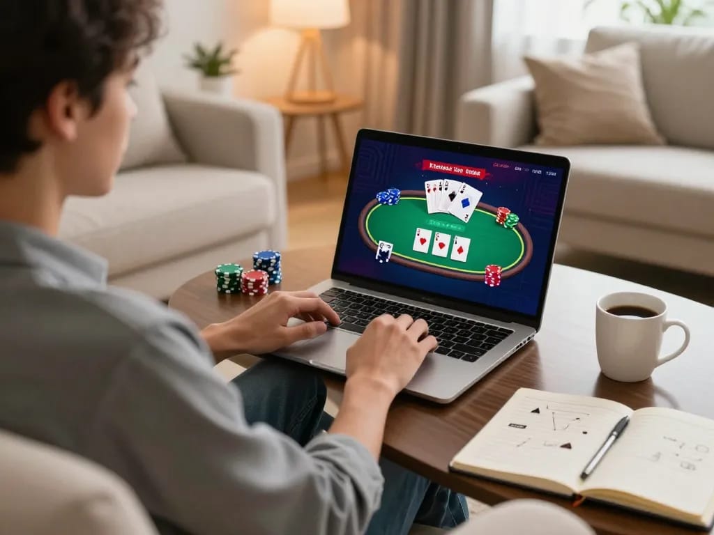 Pemain yang terlibat dalam permainan poker mejavip online di laptop, menyoroti keseruan bermain di rumah.