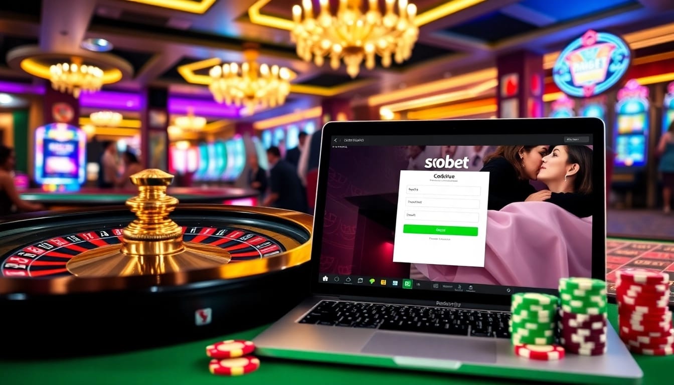 Sbobet login indonesia interface displayed on a laptop amidst a luxurious casino atmosphere, showcasing vibrant gambling elements.