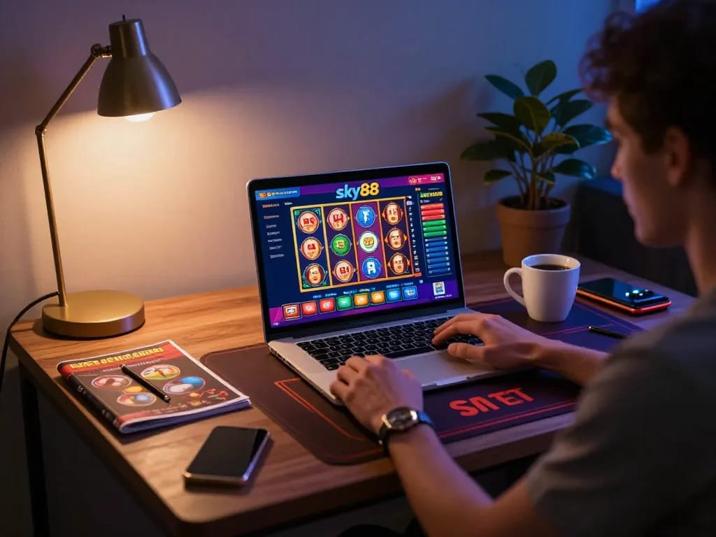 Engaging online poker gameplay at sky88 with interactive laptop interface.