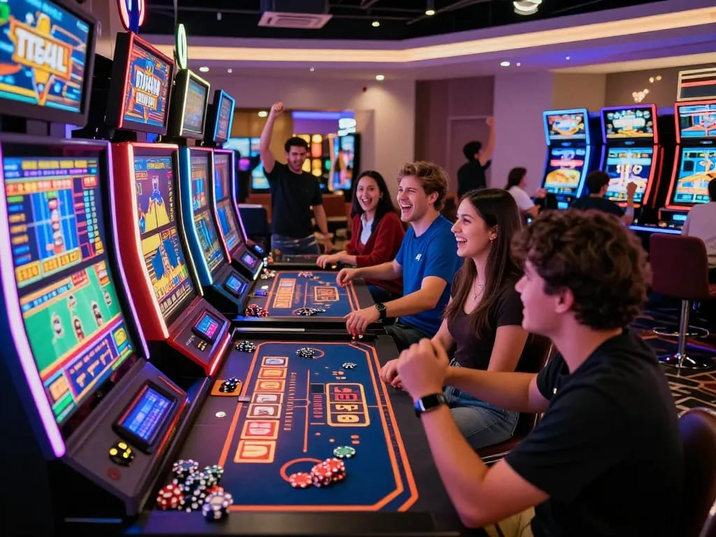 Exciting digital casino scene at Barcaslot featuring diverse players immersed in gaming action.