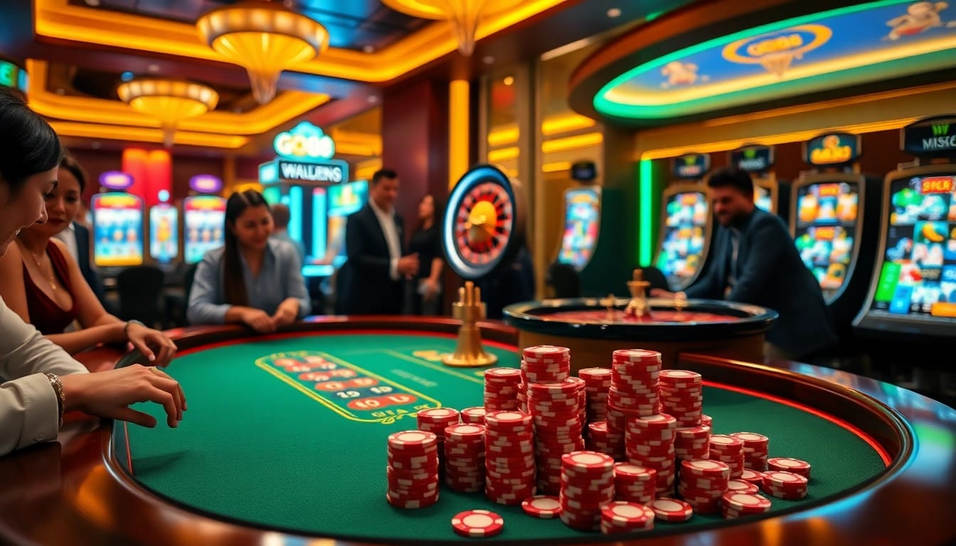 Go88 gaming table filled with vibrant poker chips and exciting slot machines for an electric gambling experience.