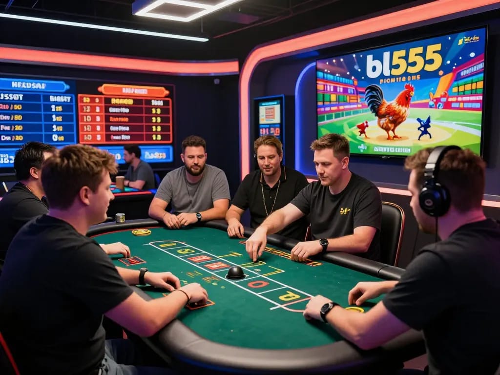 Exciting online gambling scene at bl555 with players engaged in chicken fighting bets.