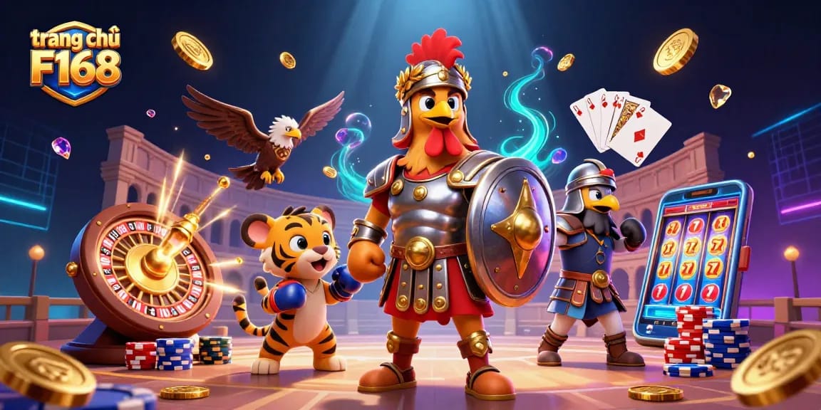 Experience the thrill of gaming at trang chủ F168 with a vibrant 3D casino scene featuring exciting characters and dynamic elements.