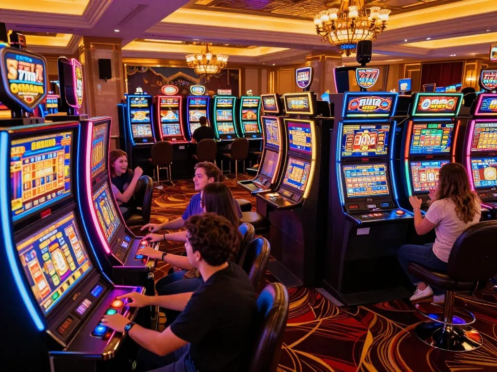 Pemain King777 merayakan saat mesin slot yang cerah menampilkan kemenangan jackpot dalam suasana kasino yang meriah.