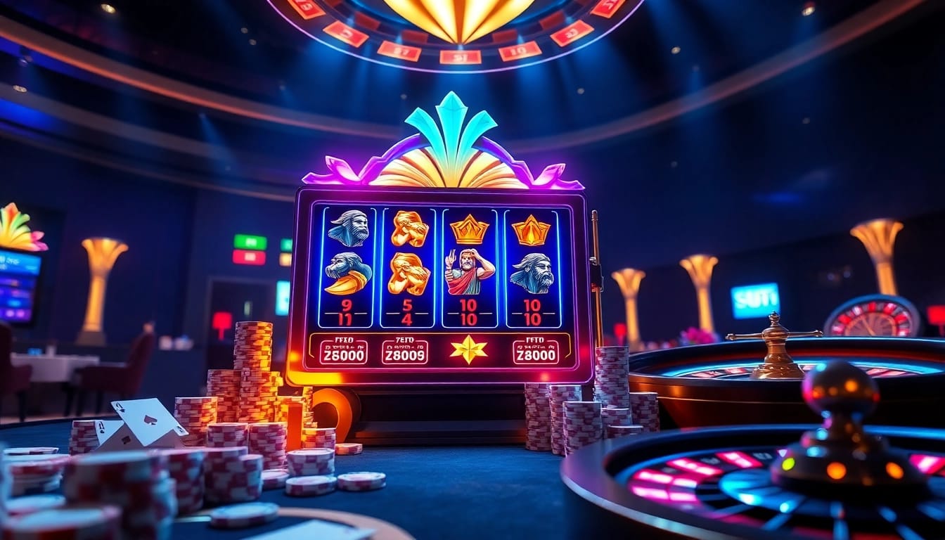 Rasakan sensasi kemenangan di slot88 dengan adegan kasino yang menarik menampilkan mesin slot yang elegan dan elemen taruhan yang cerah.