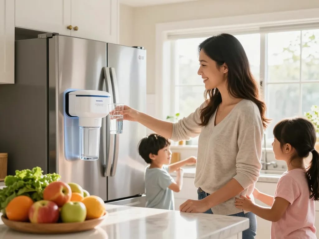 Mom filling a glass with water from the Filterlogic LT1000PC ADQ747935 MDJ64844601 NSF Certified Refrigerator Water Filter in a bright kitchen.