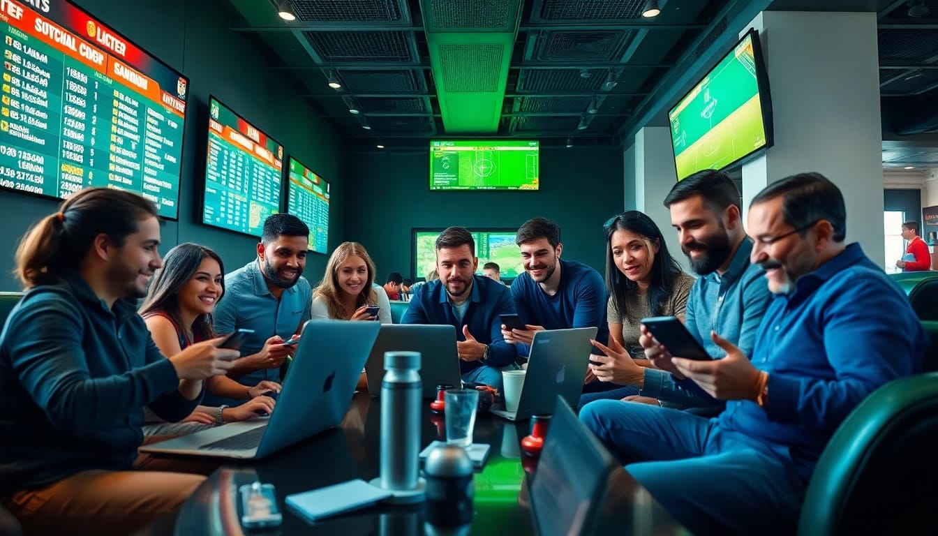 Engaged sports enthusiasts analyzing keonhacai betting odds in a vibrant lounge.