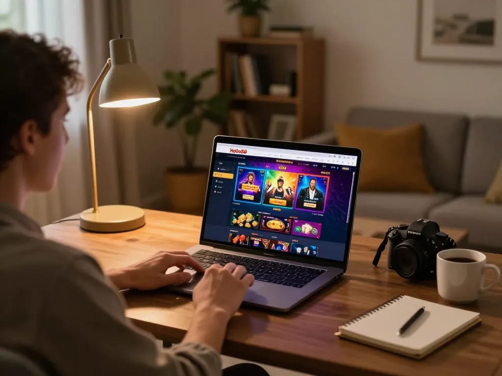 Hello88 online casino gaming setup with a player engaged, vibrant screens showcasing various games.