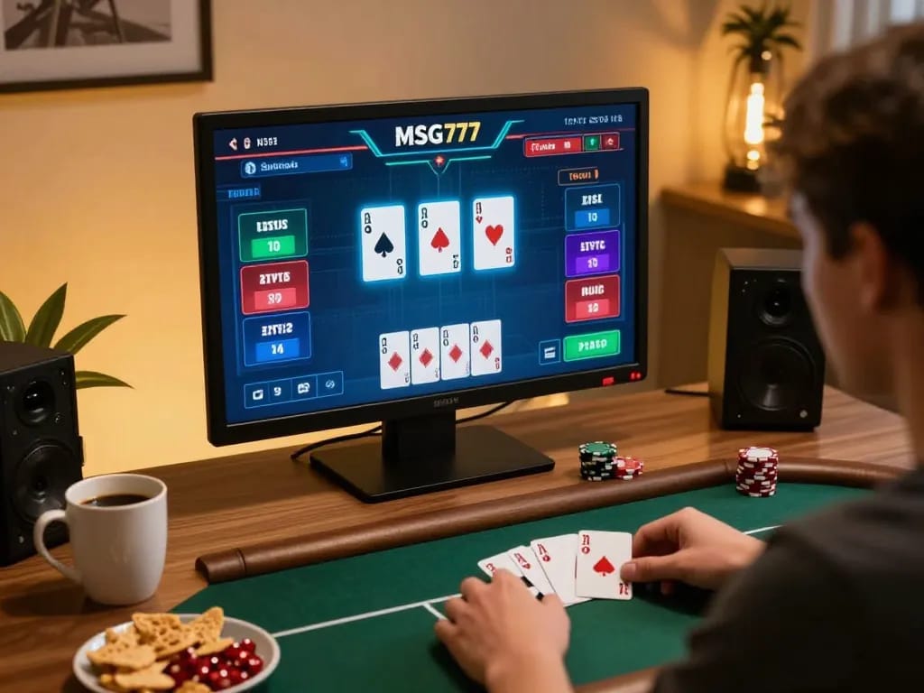 Player strategizing on MSG777 poker interface with snacks and coffee in cozy gaming setup.