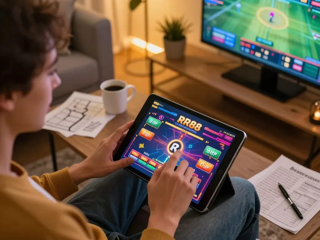 Excited player enjoying RR88 casino game on tablet in cozy living room setup.