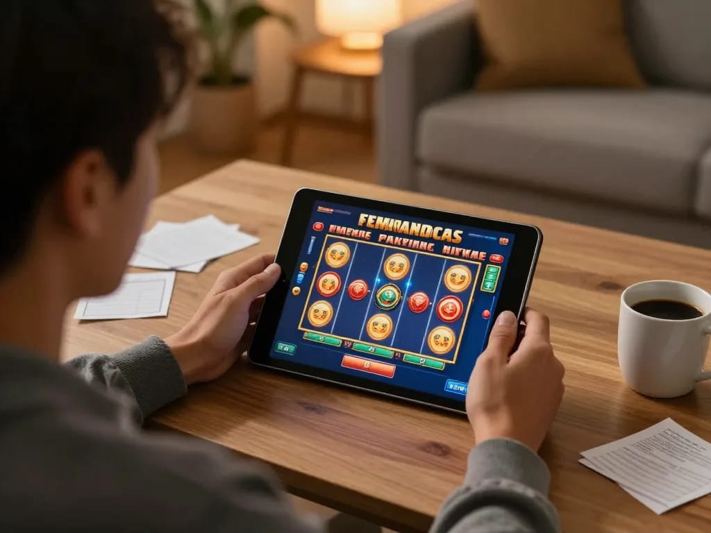 Kemenangan maksimal achieved through strategic online gaming in a cozy home setup.