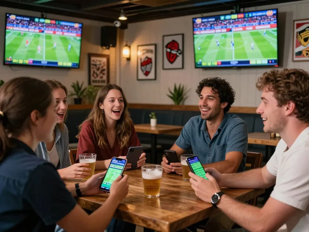 A group watching live sports and placing bets on 98win, enjoying an exciting outdoor atmosphere