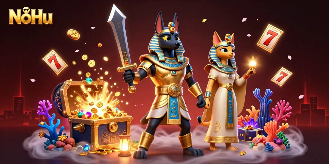 Experience NoHu's thrilling slot reels with Anubis and Bastet amid gold treasures.