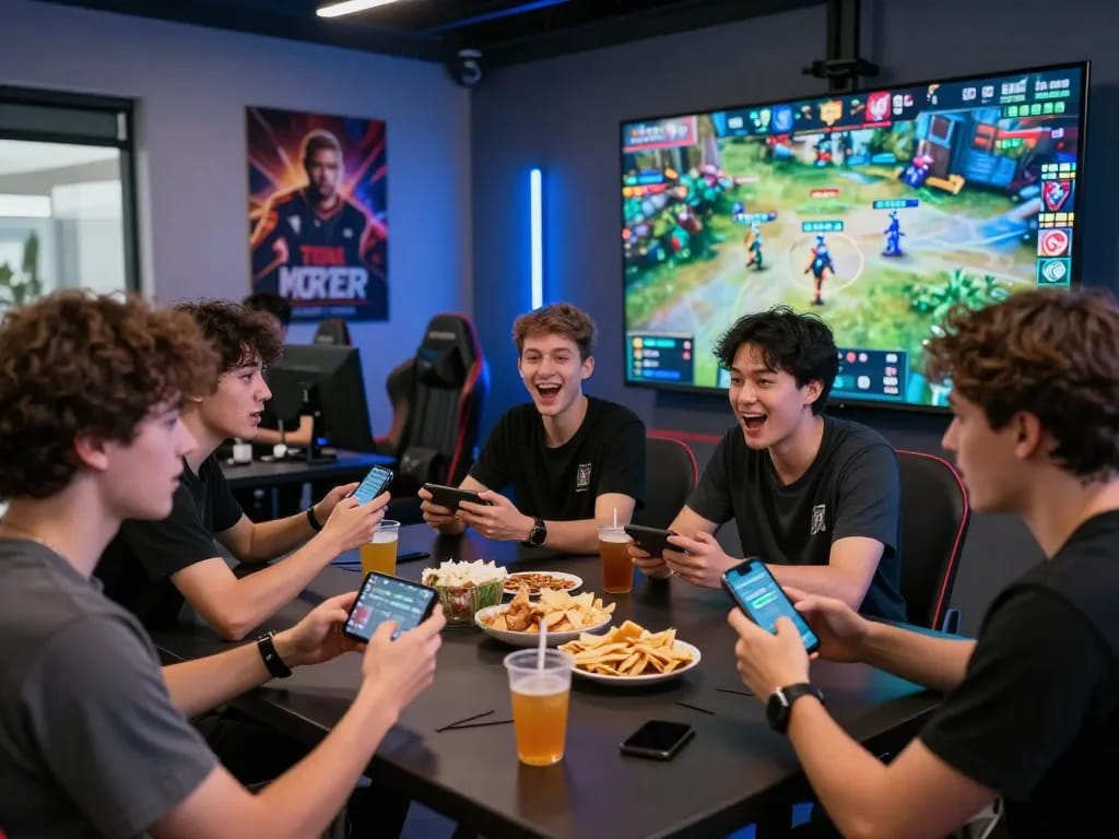 Exciting esports betting scene in Singapore, friends engaging in competitive betting with smartphones during a live match.