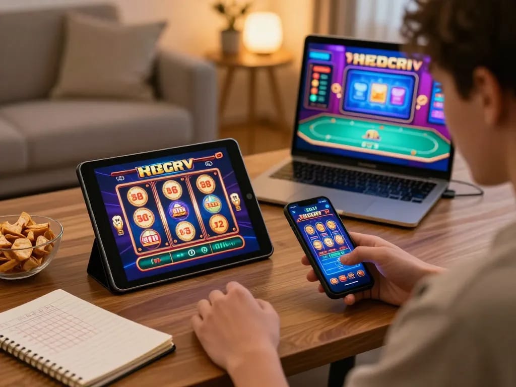 Engaging with 88vv casino games on a tablet, showcasing a strategic betting scenario in a cozy home