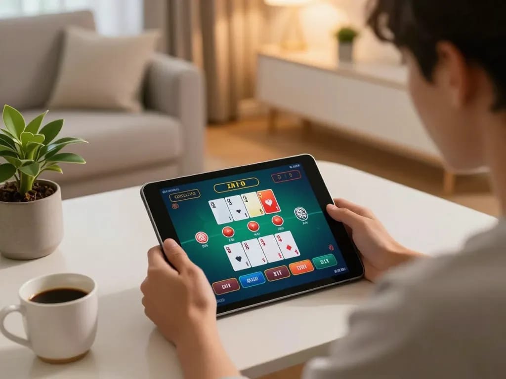 macan33 player intensely engaging in online blackjack on tablet in cozy home setting