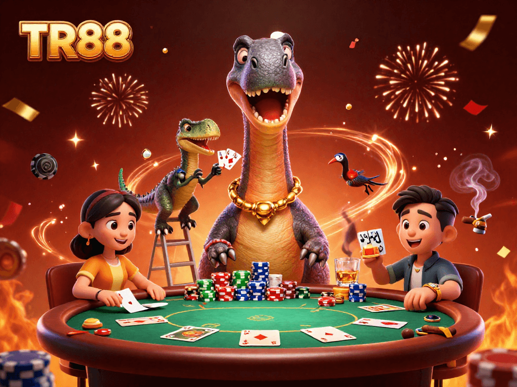 Engage in thrilling gaming adventures at TR88 with a lively 3D illustration of a casino scene featuring a playful dinosaur.