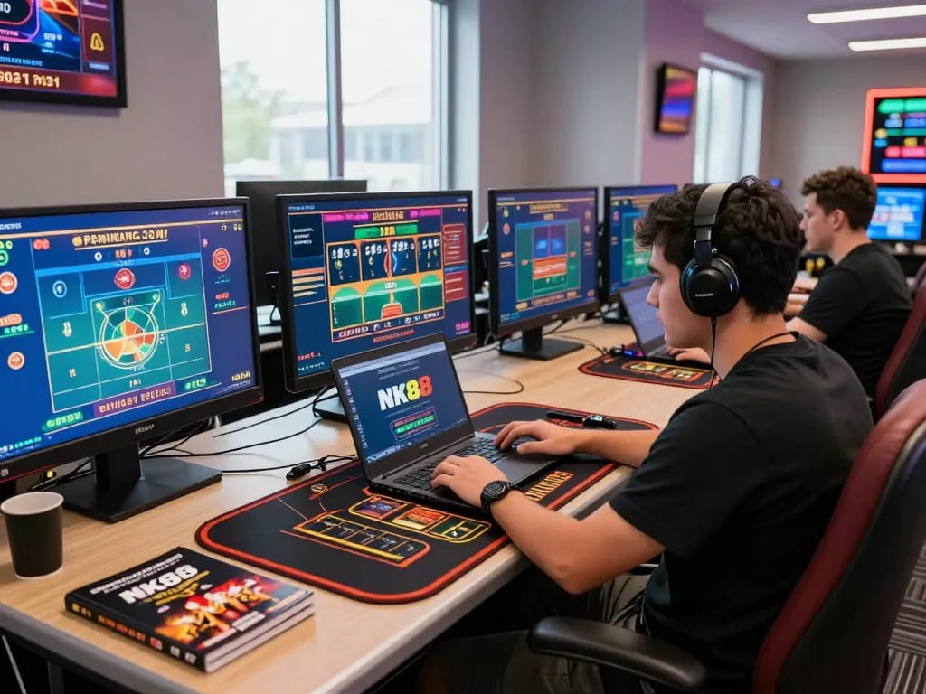 Engaging in NK88 online betting, a player uses a laptop for live dealer games in a stylish home office.