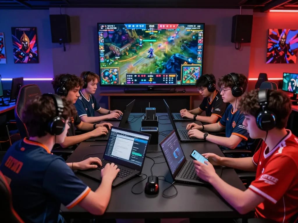 Engaged players enjoying Dota 2 betting in a lively esports lounge, focused on live statistics and betting options.