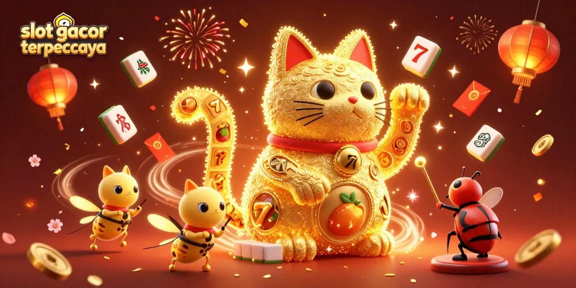 Engage with slot gacor terpercaya featuring a vibrant golden lucky cat in a dynamic casino setting.