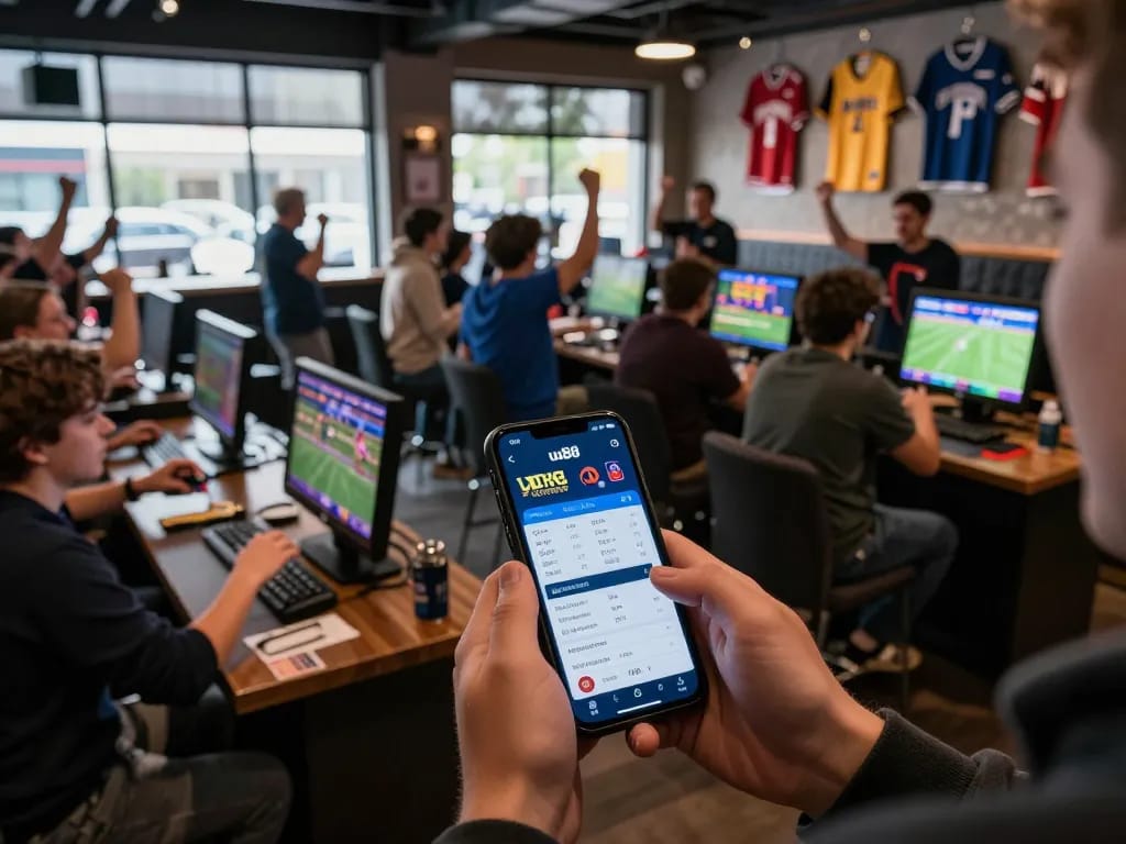 Engaging in strategic sports betting on uu88 app in a vibrant venue with fans around