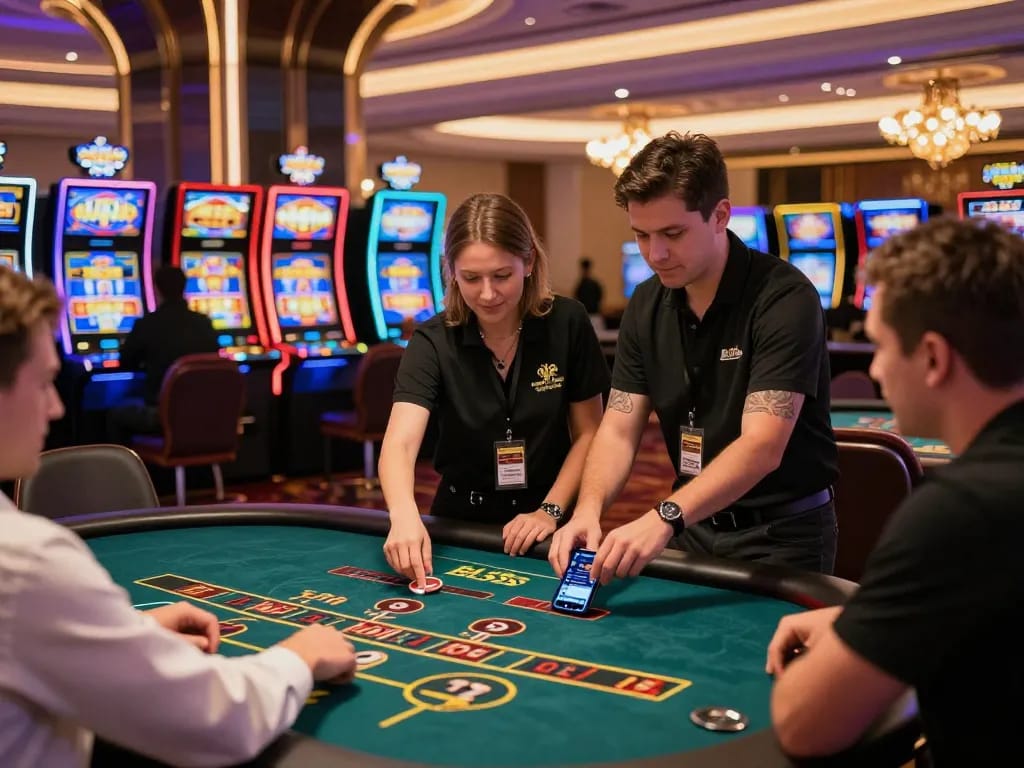 Players enjoying games at BL555 online casino with vibrant lights and friendly dealers.