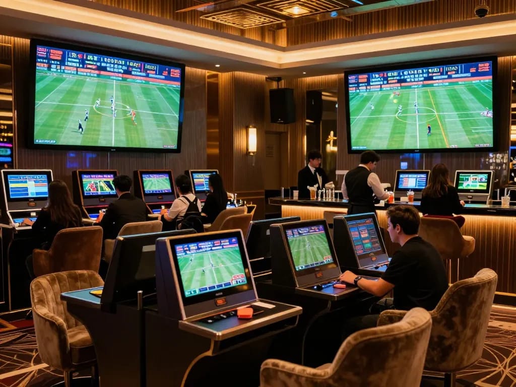 Watch patrons at sports betting lounge engaging with screens at https://rr88.select/ for thrilling live betting.
