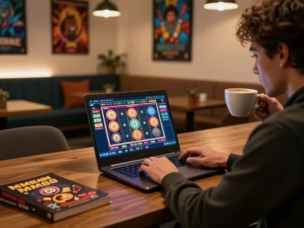 Engaging in MM88 online casino gaming on a laptop amidst a cozy home setting.