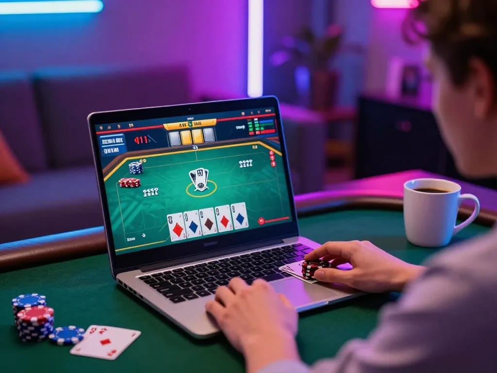 Player enjoying online poker at home, immersed in strategic gameplay on 98 win platform