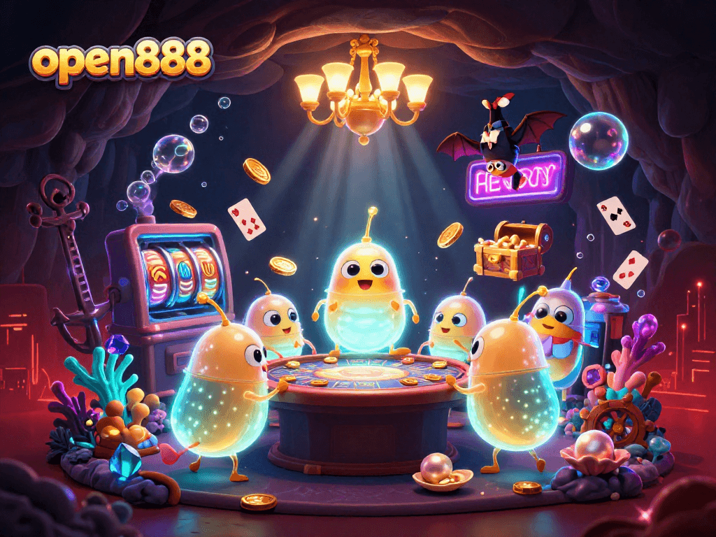 Experience vibrant games with open888 at a bright underwater casino adorned by glowing characters and rich elements.