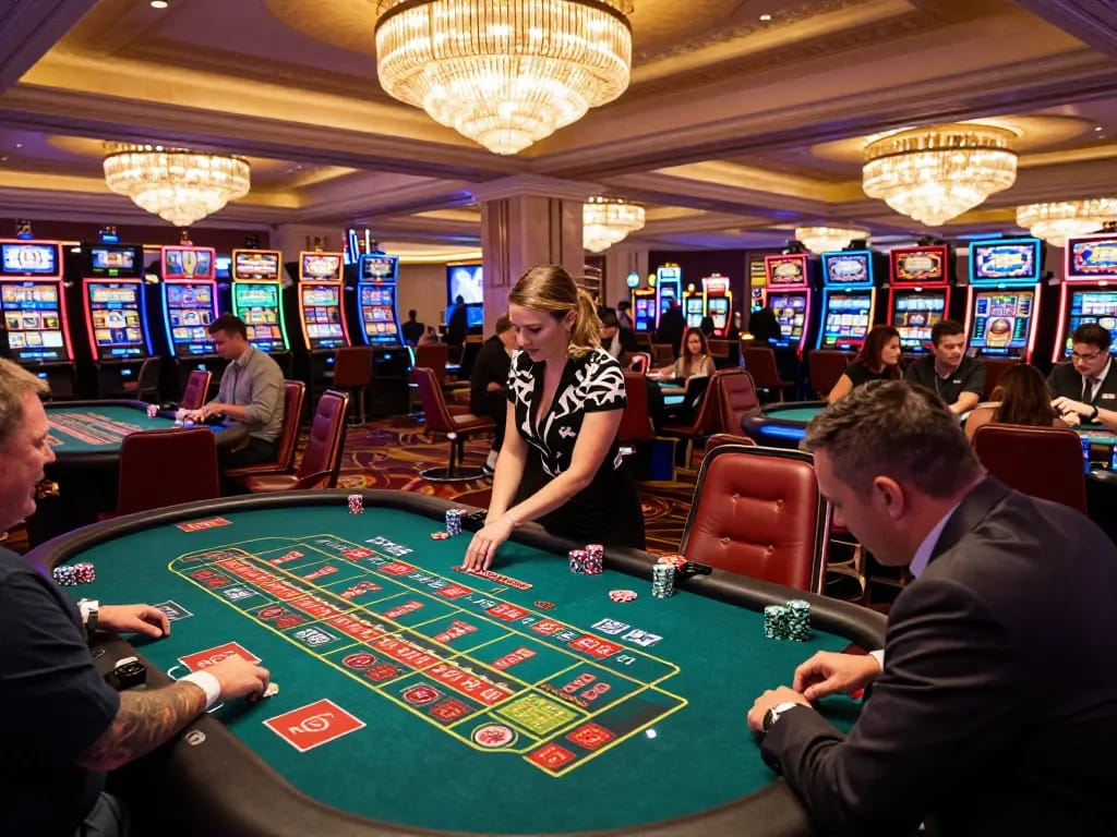 VT88 players celebrating a win at a roulette table in a bustling Las Vegas casino atmosphere.