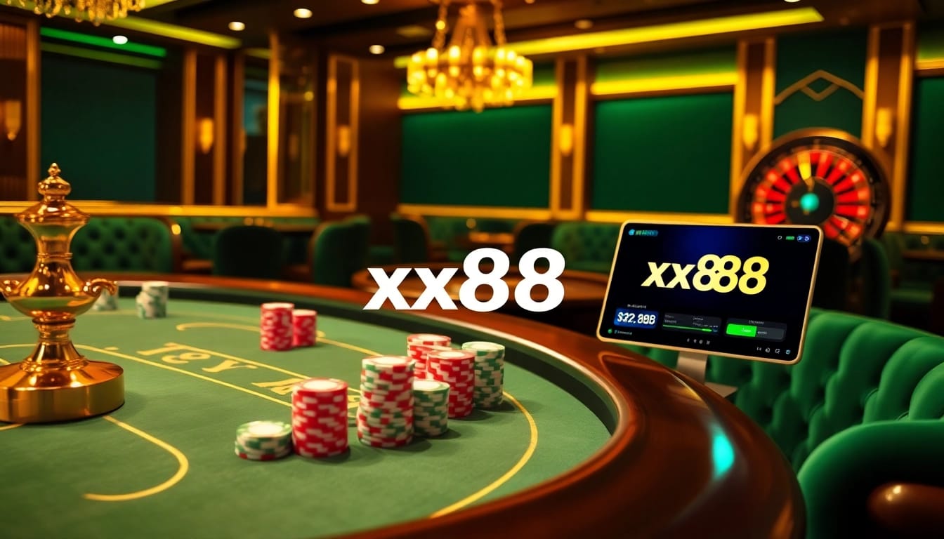Experience high-stakes action at xx88 casino with vibrant poker chips and roulette excitement.