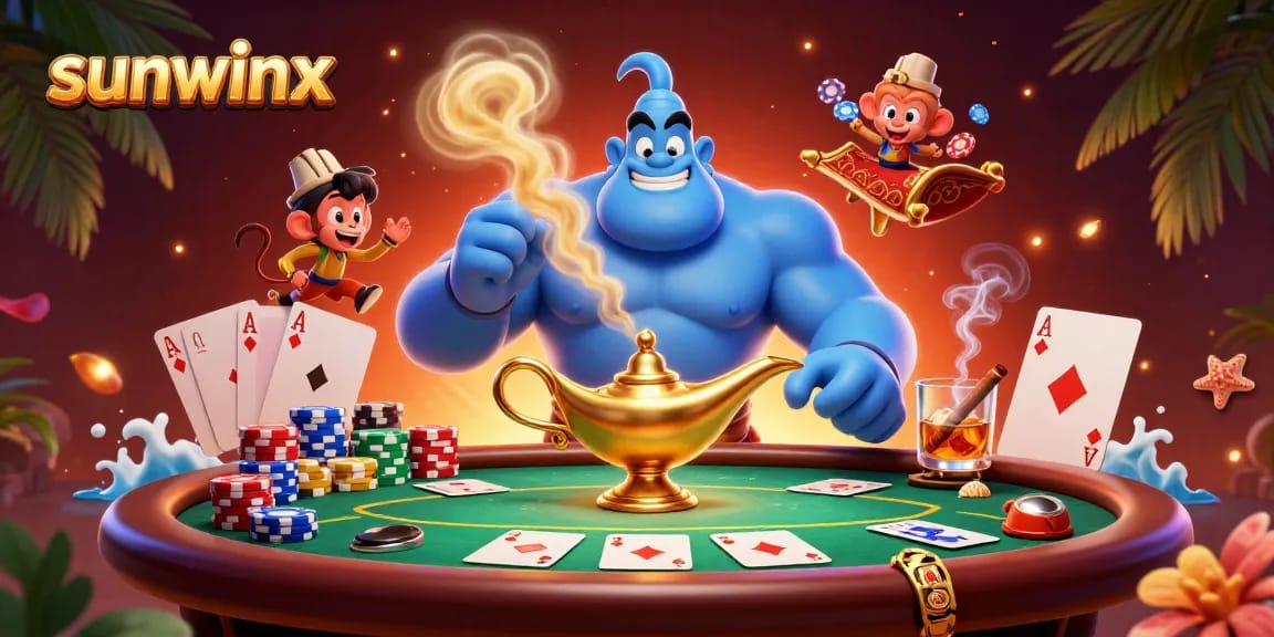 Engage with sunwinx's vibrant casino scene featuring a genie, poker chips, and magical elements.