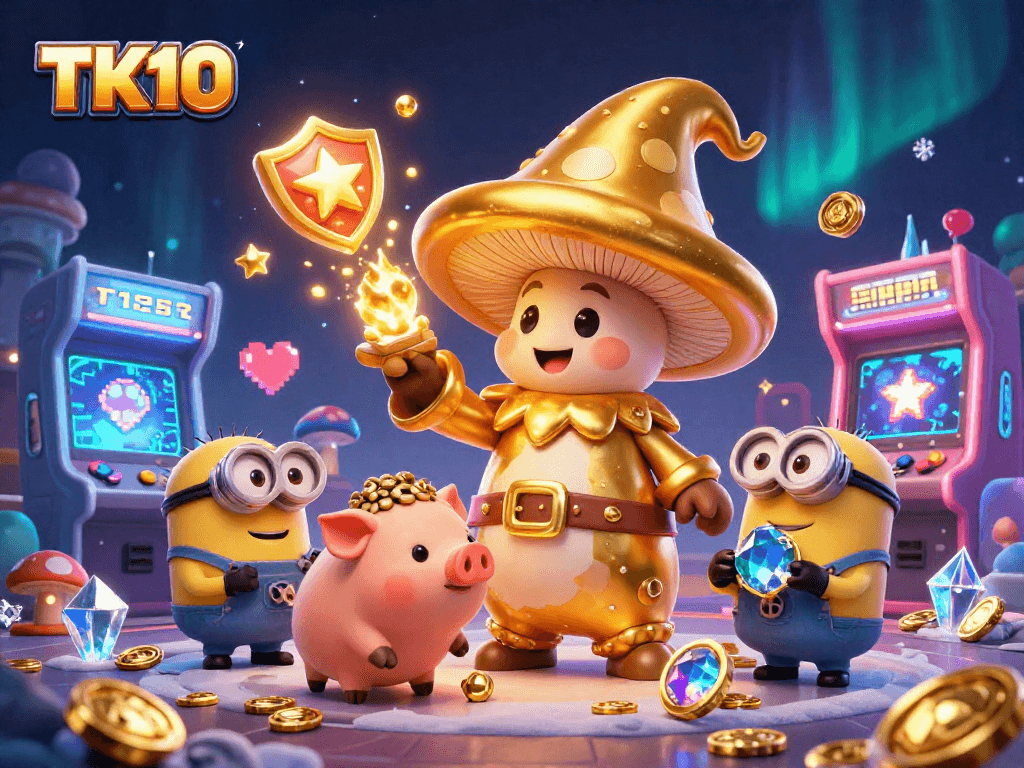 Engage with TK10 to win big, featuring vibrant casino characters in a magical treasure scene.