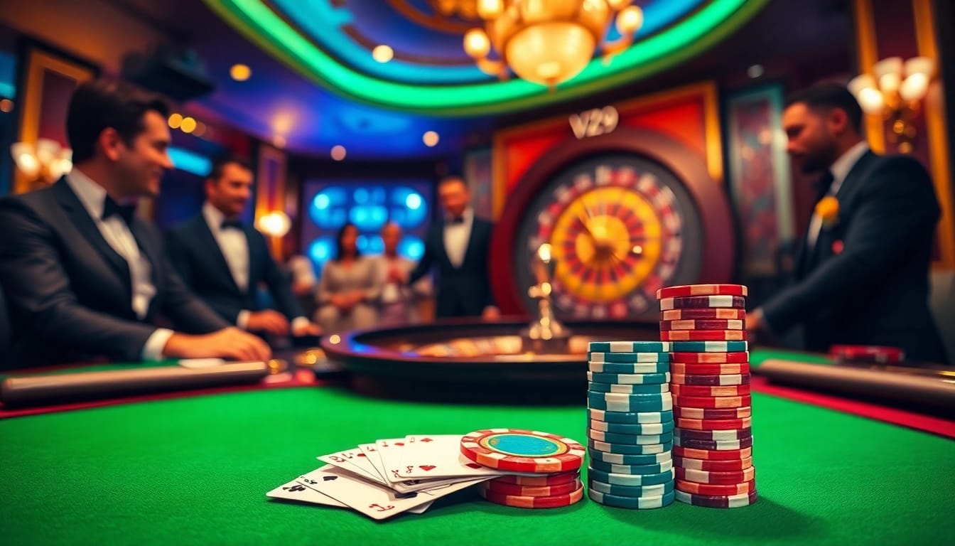 Experience the thrill of VZ99 casino with vibrant poker table action.