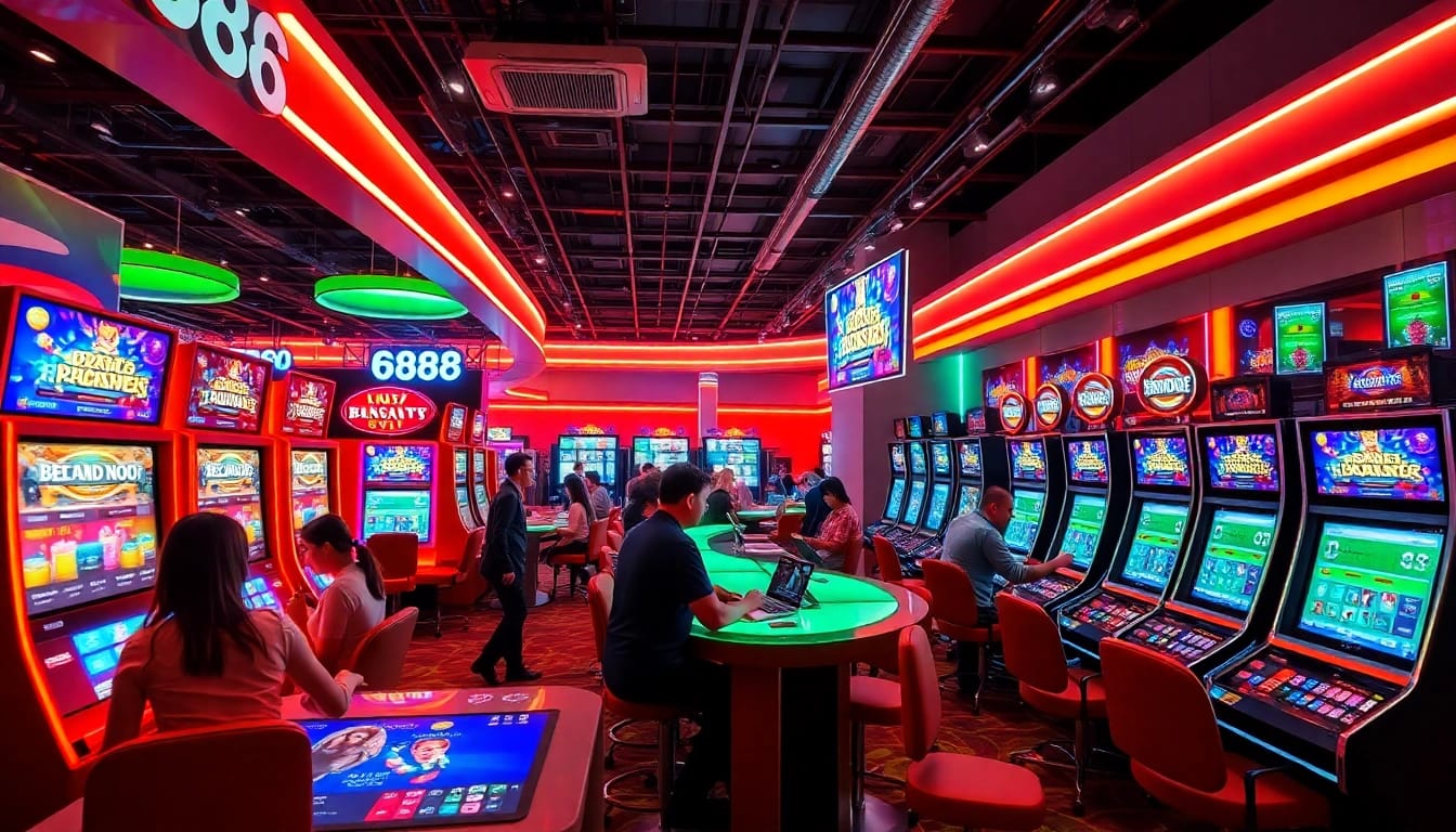 Dynamic online gambling experience at fb88 with vibrant slot machines and excited players.