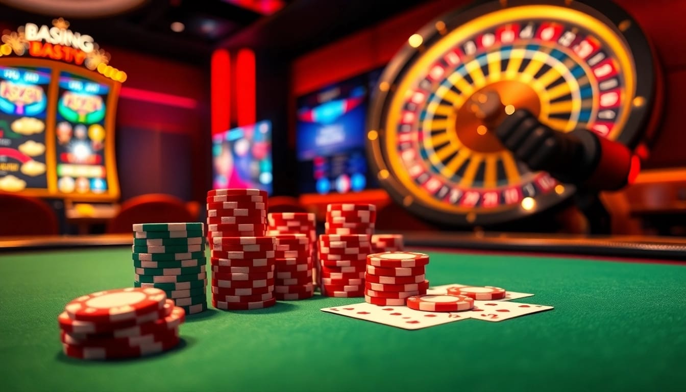 Experience thrilling action with poker chips and cards at https://789win1.black, showcasing a vibrant casino scene.