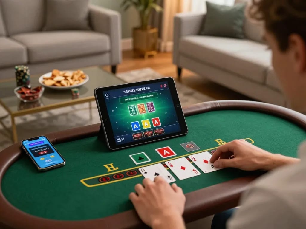 Player enjoying FC88 blackjack gaming on tablet at home, showcasing strategy and responsible gambling.