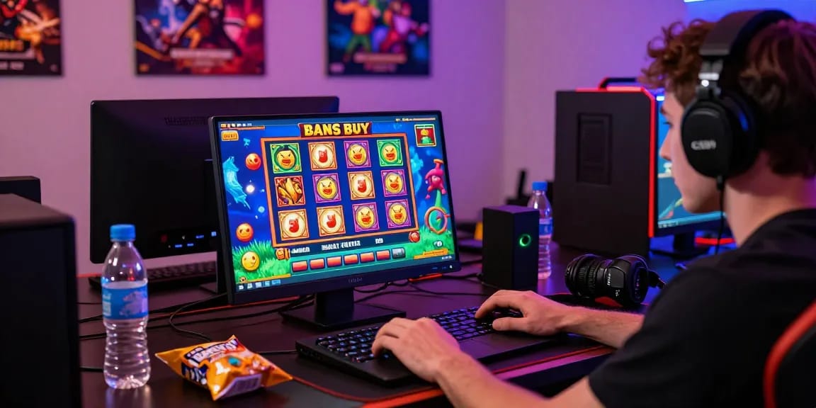 Player exploring bonus buy slots on laptop, engaging gaming setup with vibrant graphics.